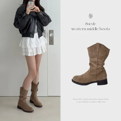 Rounded Toe Suede Shirred V-Cut Western Mid-calf Boots