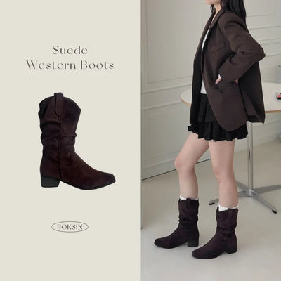 Suede Shirred V-Cut Western Mid-calf Boots