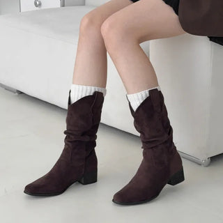 Suede Shirred V-Cut Western Mid-calf Boots