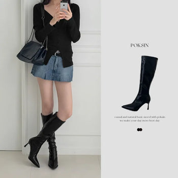 Stiletto Leather Back Zipper High Heel Long Boots