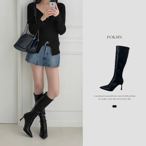 Stiletto Leather Back Zipper High Heel Long Boots