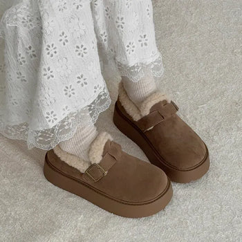 Fur-Lined Round Suede Shearling Platform Fur Moccasins