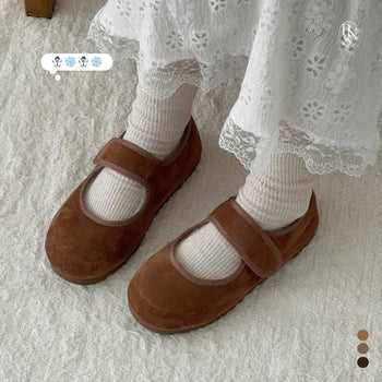 Rounded Toe Suede Velcro Flat Fur Loafers Fur Shoes Moccasins