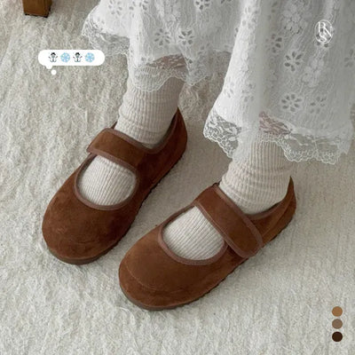 Rounded Toe Suede Velcro Flat Fur Loafers Fur Shoes Moccasins