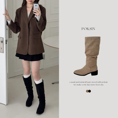 Square Shirred Suede Platform Long Boots