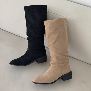 Square Shirred Suede Platform Long Boots
