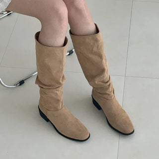 Square Shirred Suede Platform Long Boots