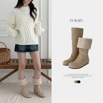 Round-Toe Flat Fur-Lined Suede Long Boots