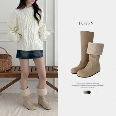 Round-Toe Flat Fur-Lined Suede Long Boots