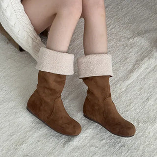 Round-Toe Flat Fur-Lined Suede Long Boots
