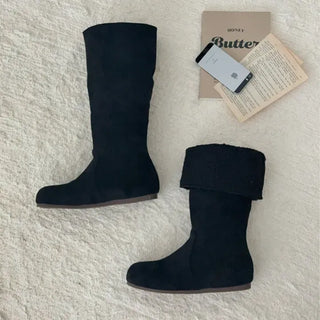 Round-Toe Flat Fur-Lined Suede Long Boots