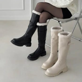 Buckle Strap Fur Trimmed Platform Long Boots