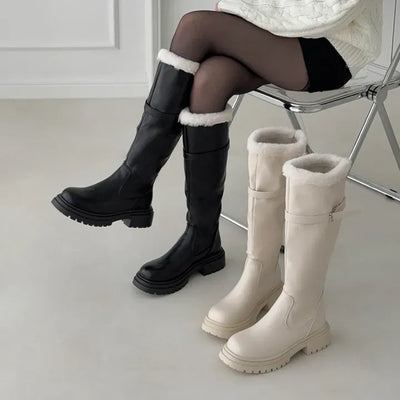 Buckle Strap Fur Trimmed Platform Long Boots