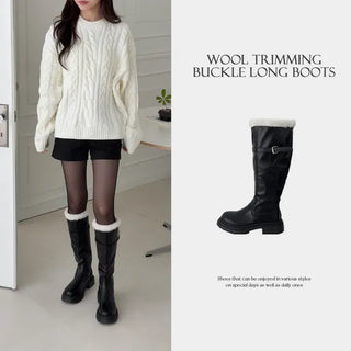 Buckle Strap Fur Trimmed Platform Long Boots