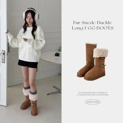 Buckle Strap Fur-Lined Platform UGG Fur Long Boots