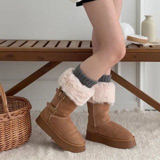 Buckle Strap Fur-Lined Platform UGG Fur Long Boots
