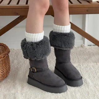 Buckle Strap Fur-Lined Platform UGG Fur Long Boots