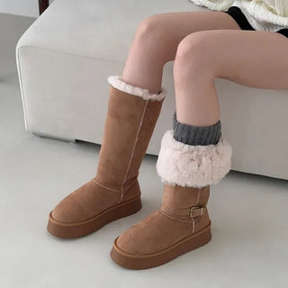 Buckle Strap Fur-Lined Platform UGG Fur Long Boots