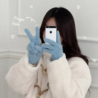 Pastel Plain Knit Fingerhole Gloves