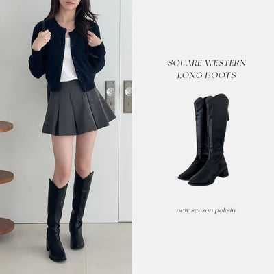 Square Mid-heel Western Long Boots