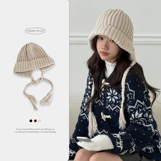 Knit Hoodie Soft Tassel Balaclava Earflap Hat