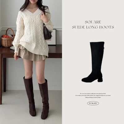 Square Platform Suede Long Boots