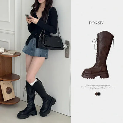 Round Western Platform Lace-up Long Boots