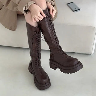 Round Western Platform Lace-up Long Boots