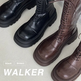 Round Western Platform Lace-up Long Boots
