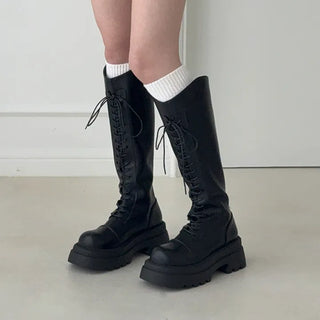 Round Western Platform Lace-up Long Boots
