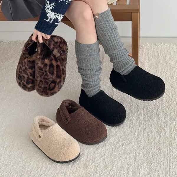Suede Leopard Two-Way Fur-Lined Height-Increasing Inner Heel Fur Slippers