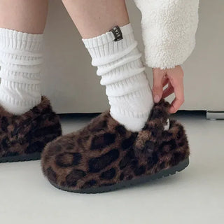 Suede Leopard Two-Way Fur-Lined Height-Increasing Inner Heel Fur Slippers