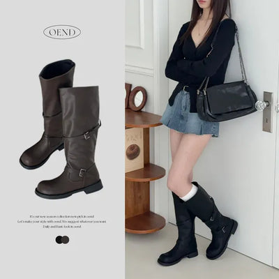 Rounded Toe Buckle Strap Rider Platform Boots