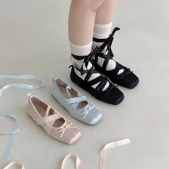 Square Toe Lace-up Ribbon Balletcore Flat Shoes