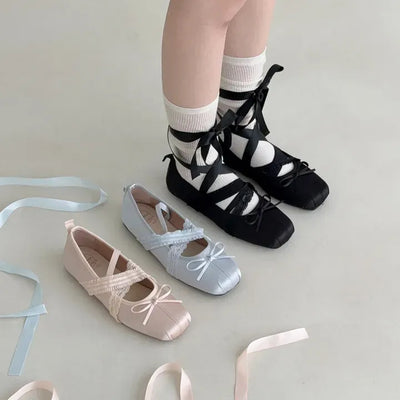 Square Toe Lace-up Ribbon Balletcore Flat Shoes