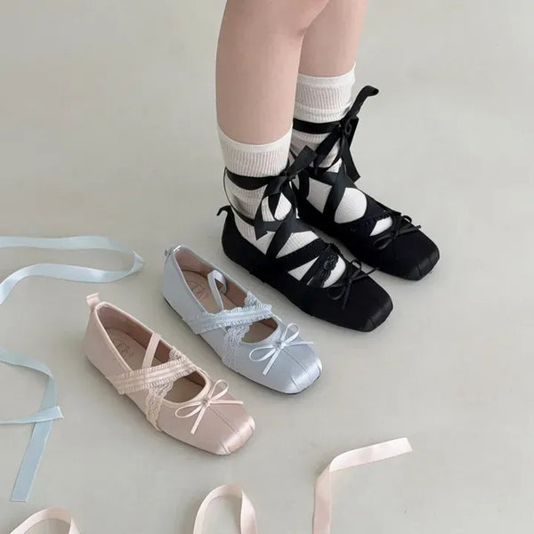 Square Toe Lace-up Ribbon Balletcore Flat Shoes