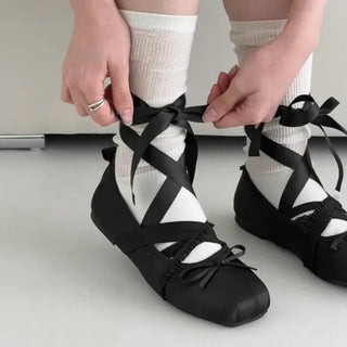 Square Toe Lace-up Ribbon Balletcore Flat Shoes