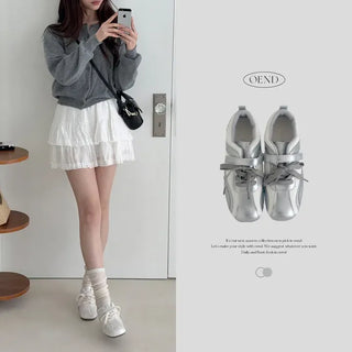 Silver Square Lace-up Velcro Sneakers