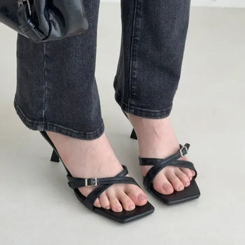 Square Buckle Strap Mule Heel Sandals