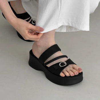 Buckle Strap Platform Slipper Wedge Sandal Mule Heel