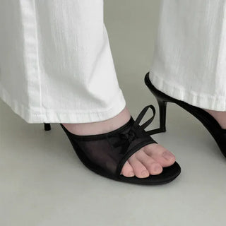 Round Open-Toe Ribbon Mesh Mule Sandals