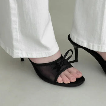 Round Open-Toe Ribbon Mesh Mule Sandals