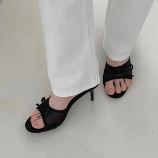 Round Open-Toe Ribbon Mesh Mule Sandals