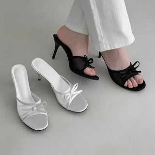 Round Open-Toe Ribbon Mesh Mule Sandals