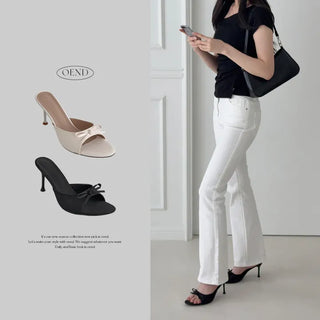 Round Open-Toe Ribbon Mule Sandal Heel