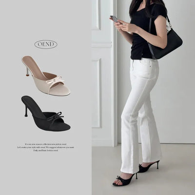 Round Open-Toe Ribbon Mule Sandal Heel
