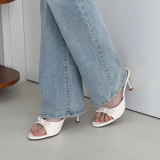 Round Open-Toe Ribbon Mule Sandal Heel
