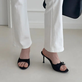Round Open-Toe Ribbon Mule Sandal Heel