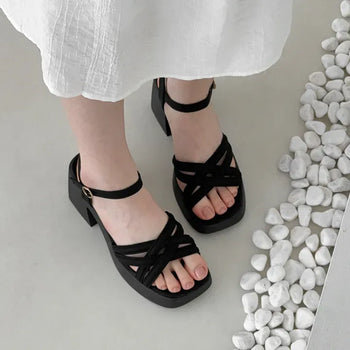 Square Platform Buckle Strap Platform Sandal Heel