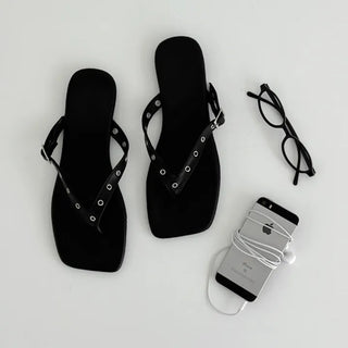 Square Bold Punched Strap Flip-flop Sandals
